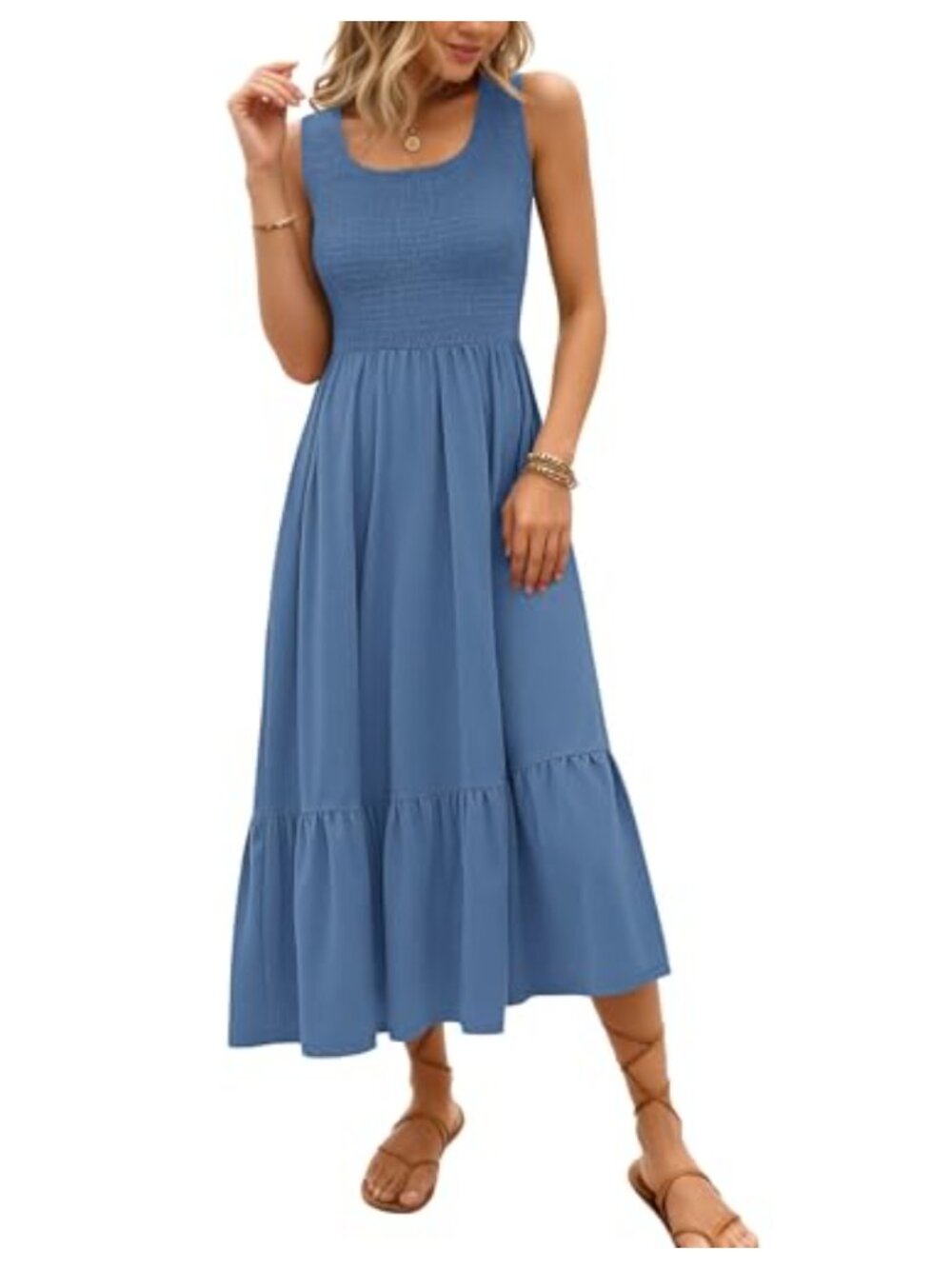 Women Casual Maxi Dress Smocked Sleeveless Boho Summer Long Flowy Vacation